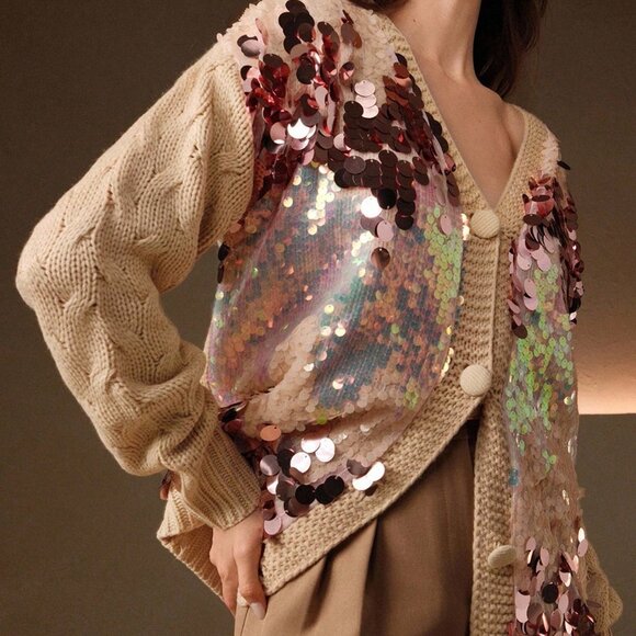 Multicolor Casual Women's V-Neck Cardigan Sweater with Sequins - Picture 3 of 7